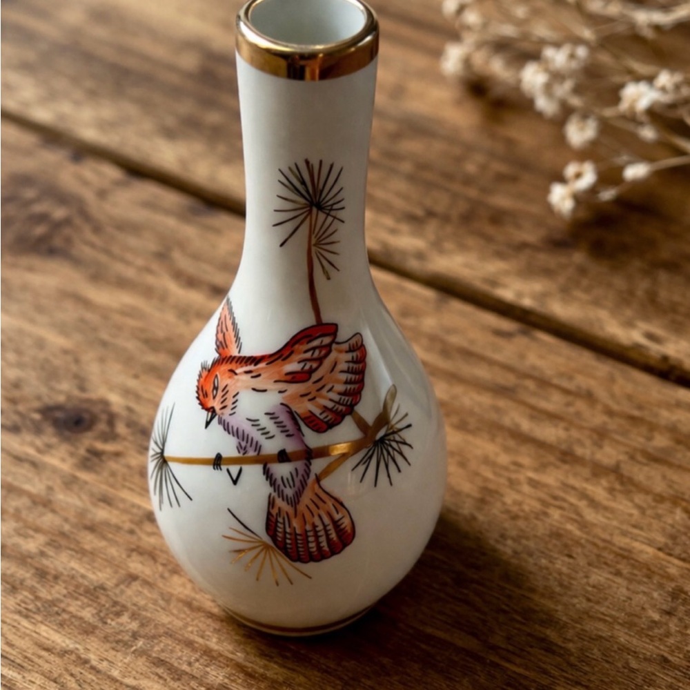 White Ceramic Bud Vase with Gold Trim and Orange Bird Motif